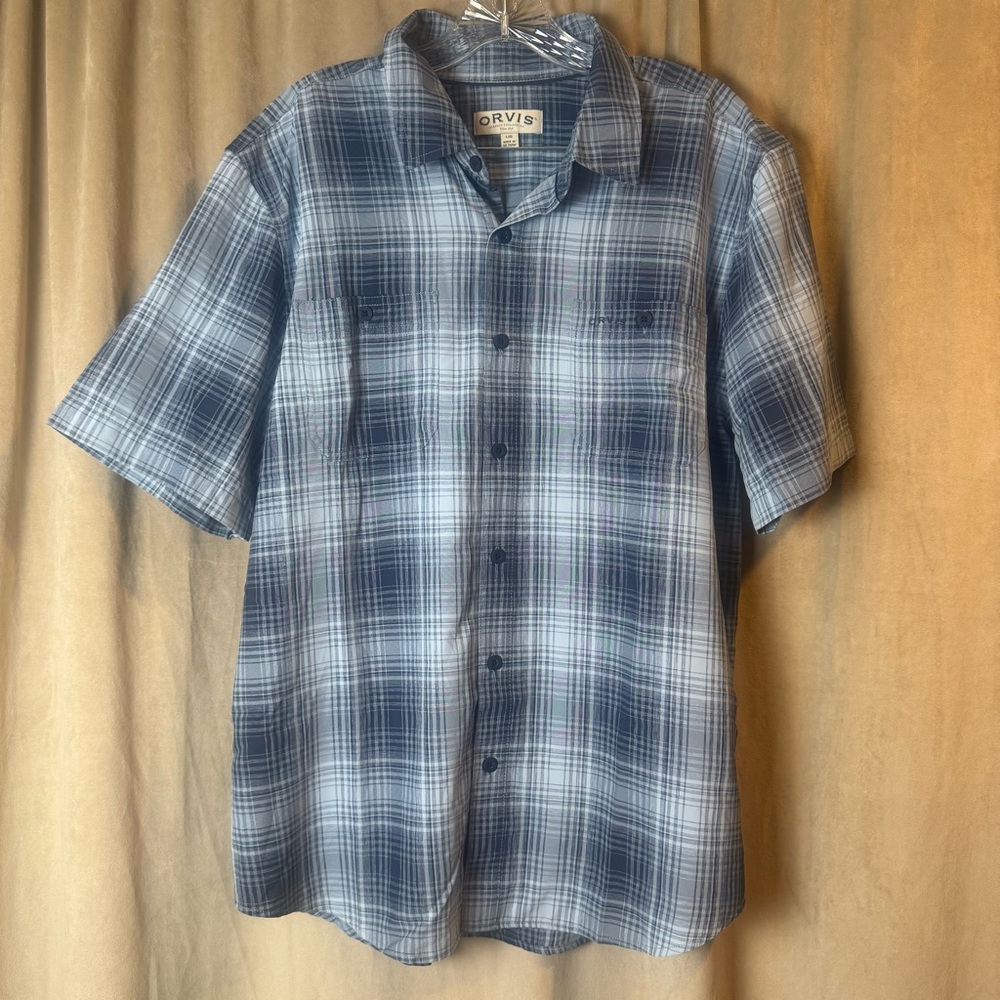 Orvis Men's‎ Blue Plaid Shirt lightweight silky feel Soft Classic Collection